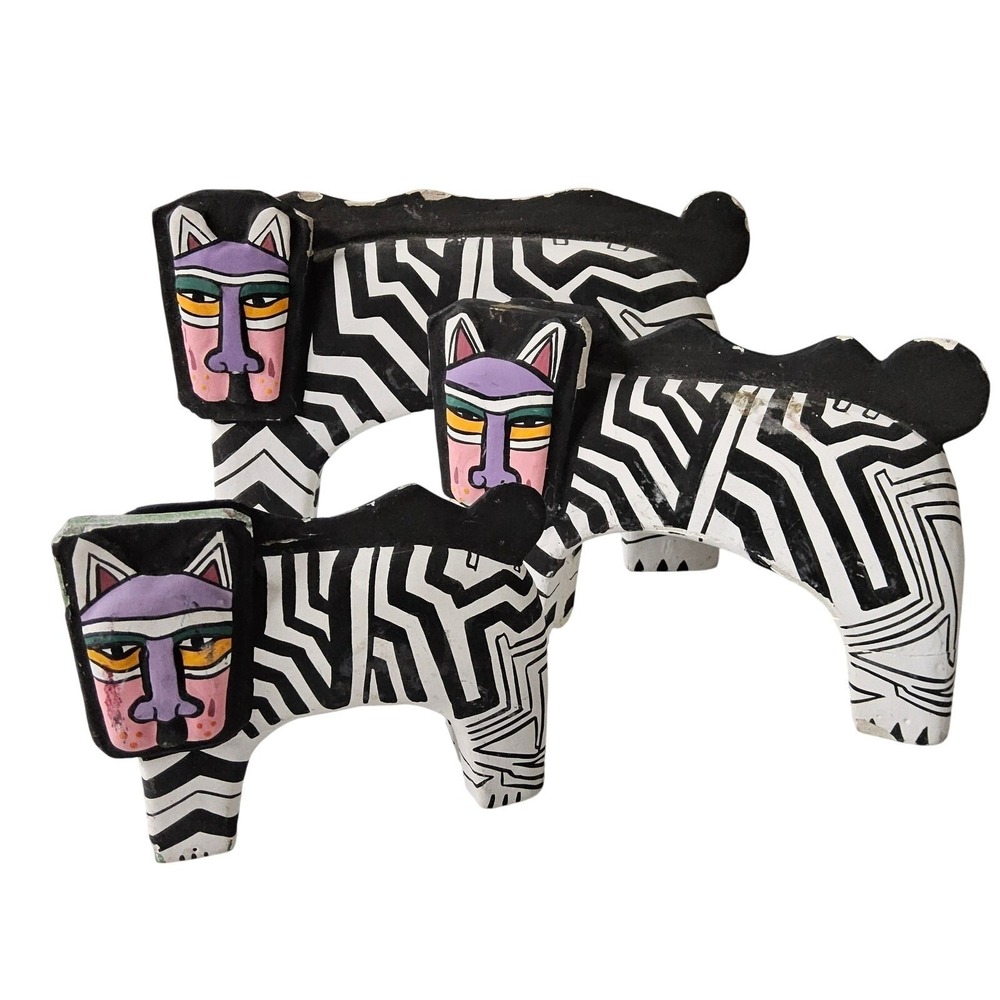 Vintage Laurel Burch Rare Hand Painted‎ Zebra Cat Wood Figurines Sculptures
